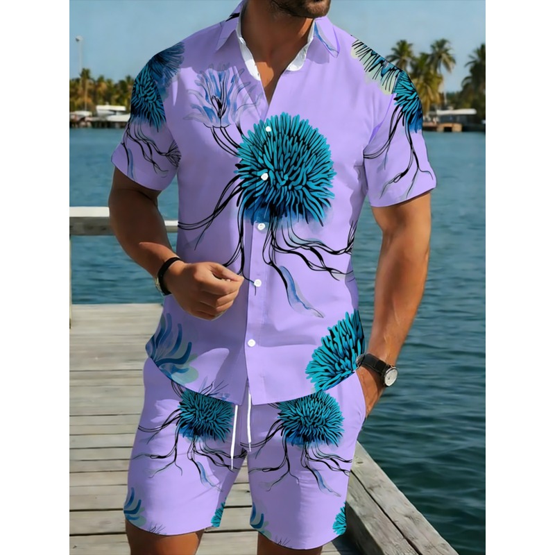 Printed Floral Shirt - 남성 하와이안 셔츠 반바지 세트, 퍼플