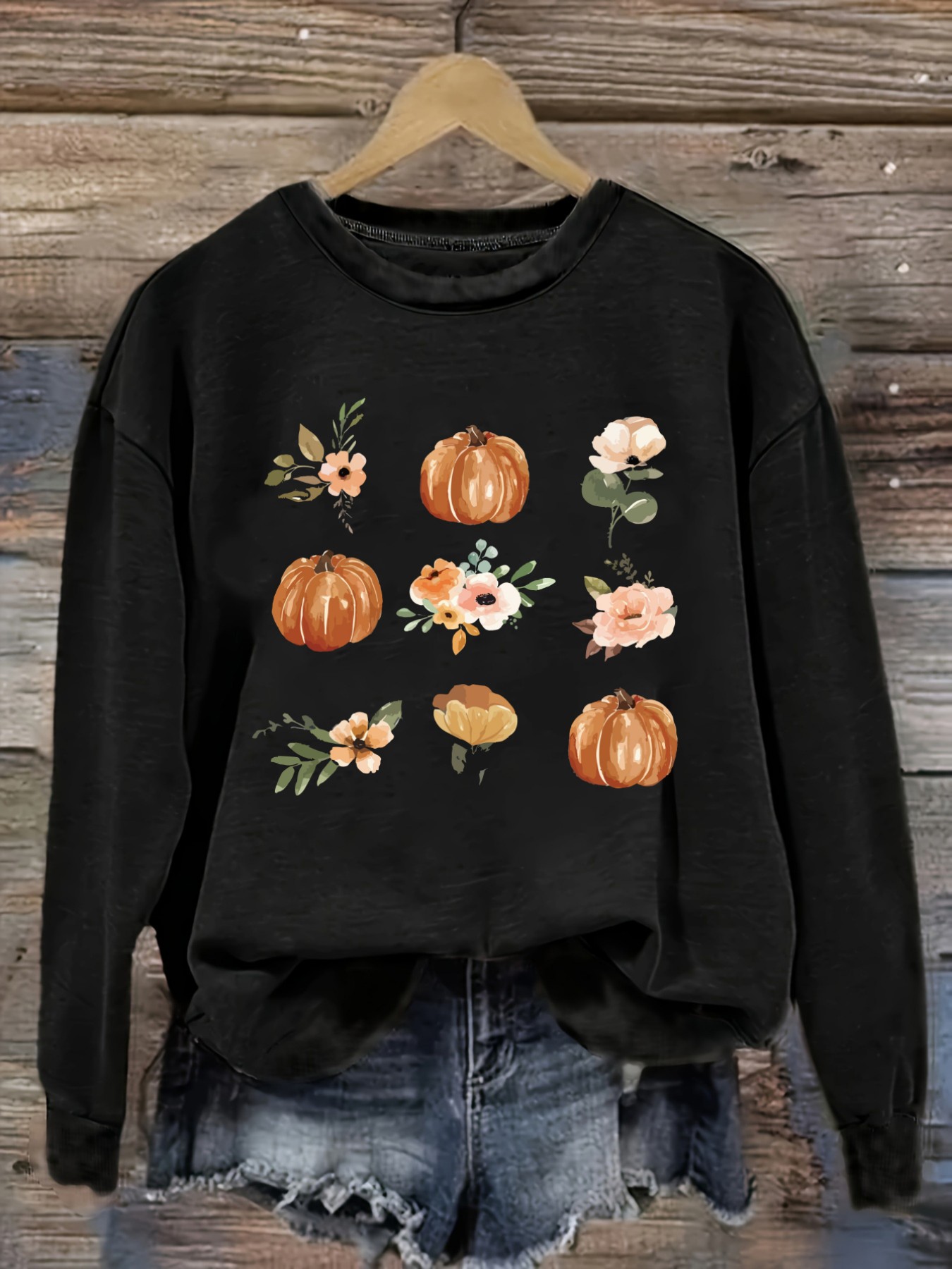 Printed Floral Shirt - 여성 캐주얼 긴소매 크루넥 티셔츠, 호박