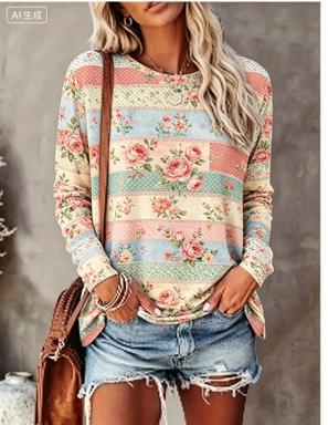 Printed Floral Shirt - 여성용 긴소매 티셔츠 파스텔 패치워크 수국