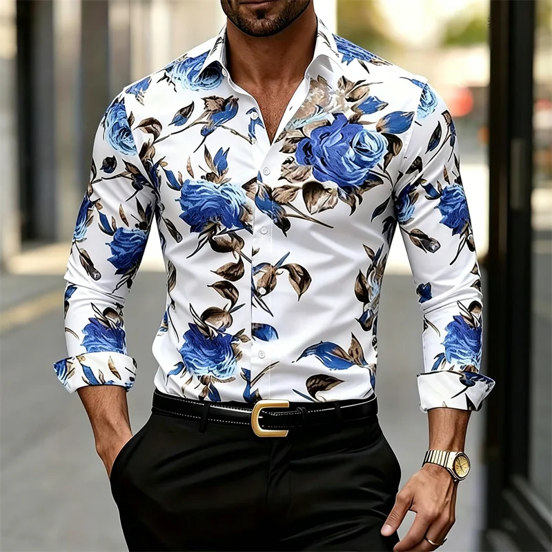 Printed Floral Shirt - 남성용 긴팔 칼라 셔츠, 꽃무늬 프린트,