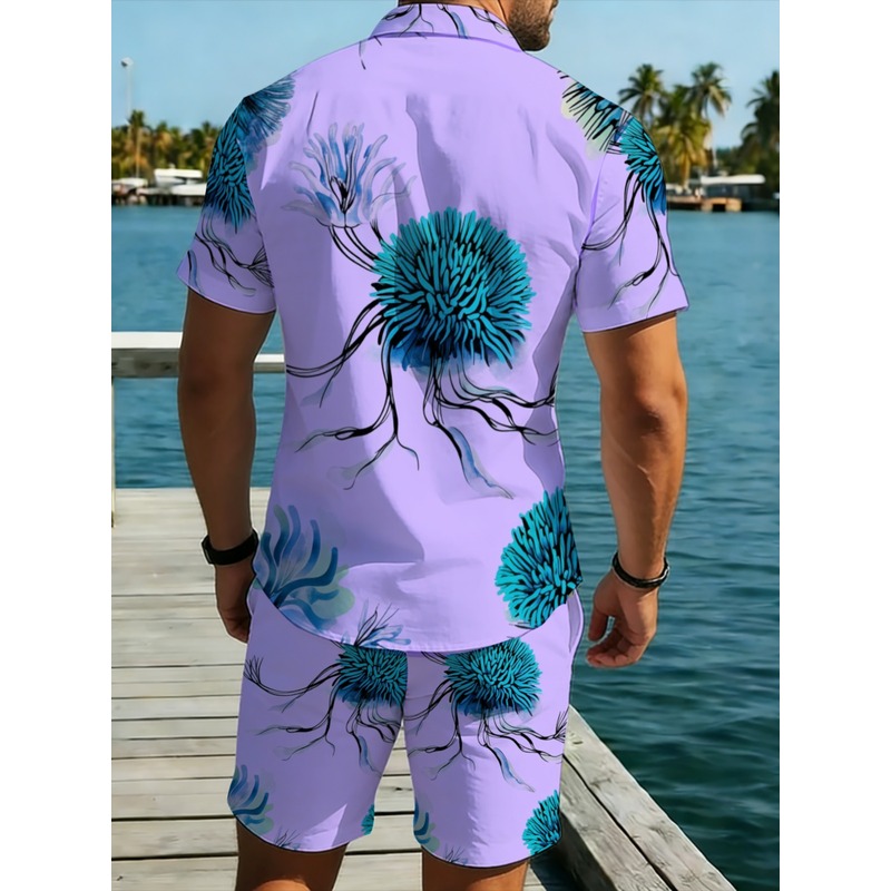 남성 하와이안 셔츠 반바지 세트, 퍼플 베이스 블루 플 - Printed Floral Shirt 리뷰 및 가격