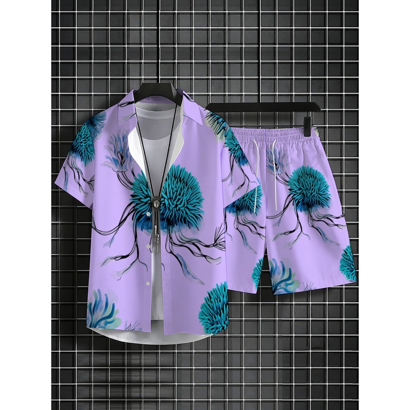 남성 하와이안 셔츠 반바지 세트, 퍼플 베이스 블루 플 - Printed Floral Shirt 리뷰 및 가격