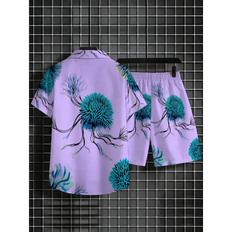 남성 하와이안 셔츠 반바지 세트, 퍼플 베이스 블루 플 - Printed Floral Shirt 리뷰 및 가격