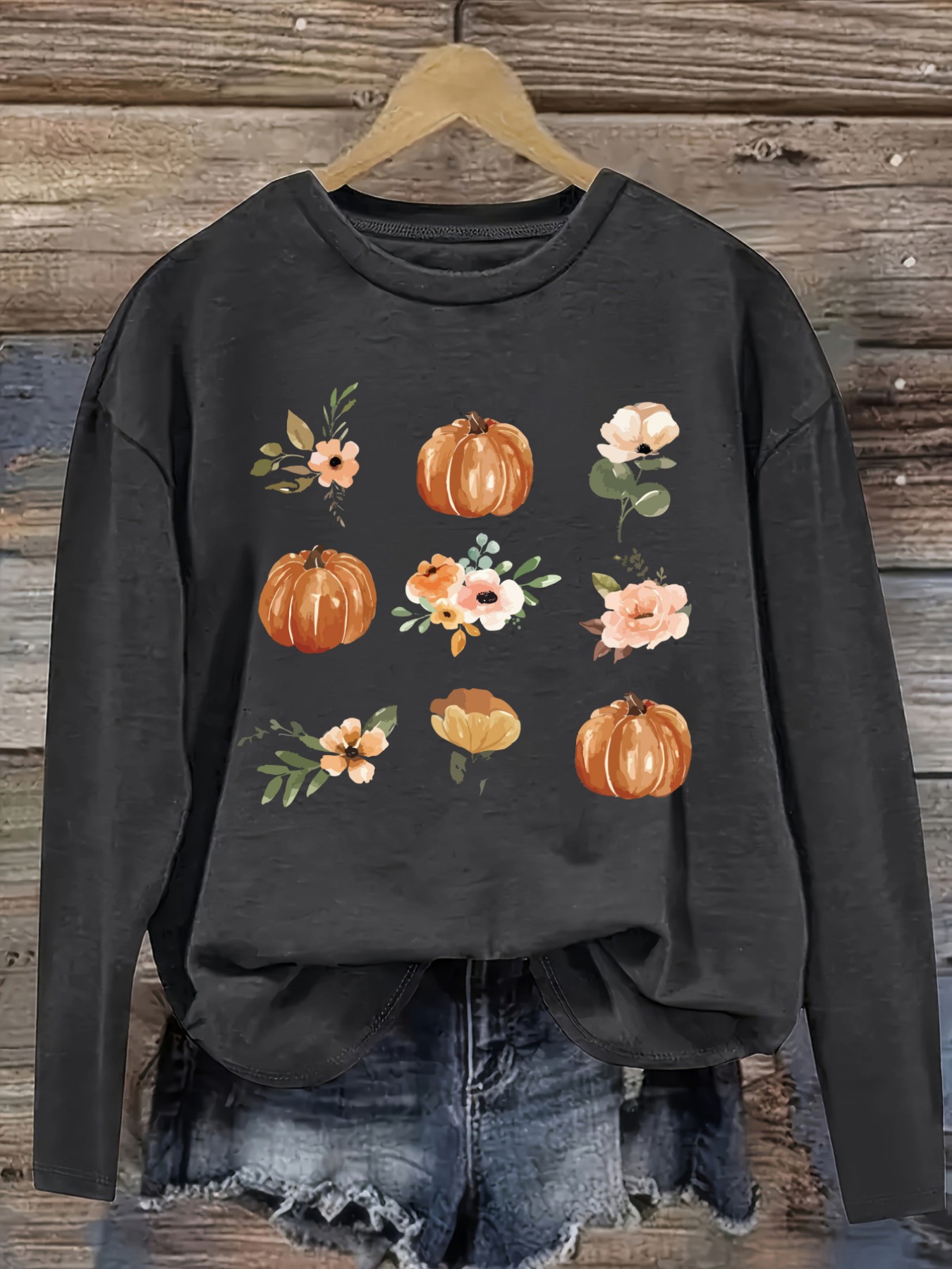 여성 캐주얼 긴소매 크루넥 티셔츠, 호박 및 꽃무늬 디 - Printed Floral Shirt 리뷰 및 가격