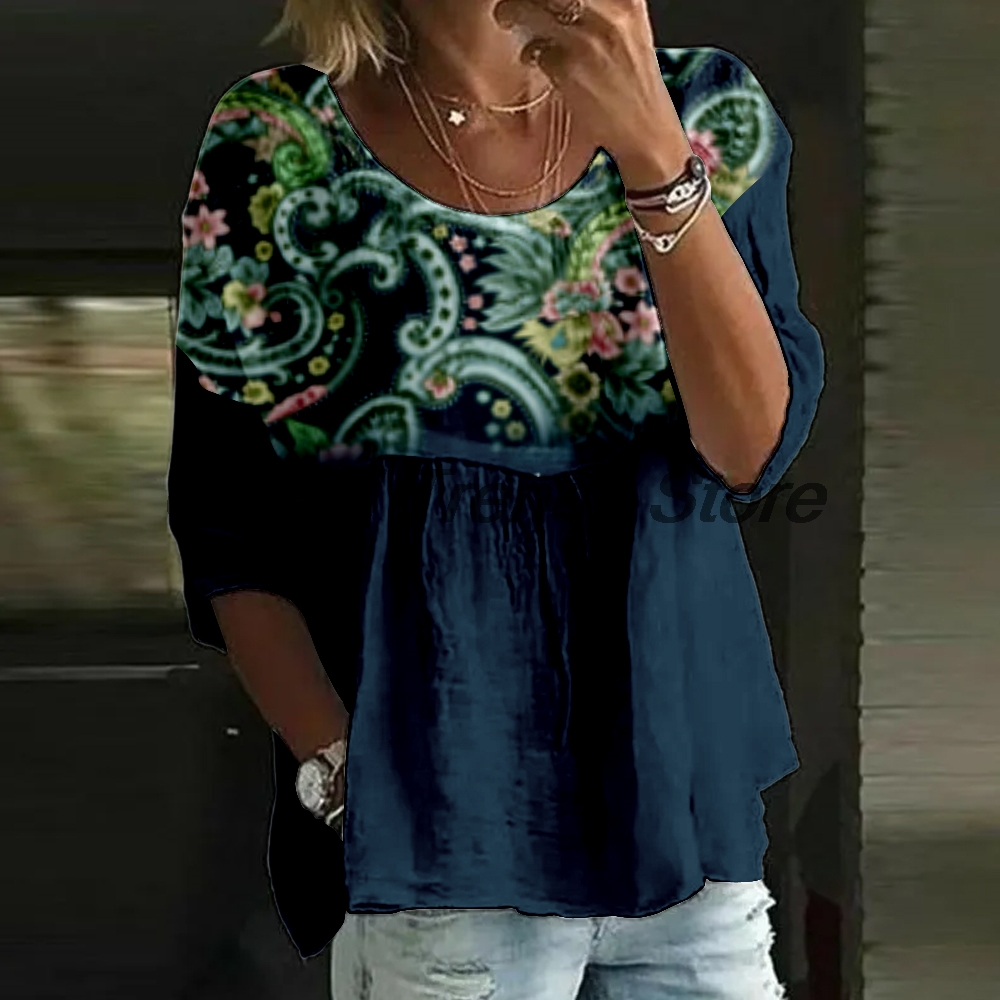 여성 캐주얼 플로럴 프린트 3/4 소매 블라우스 루즈핏 - Printed Floral Shirt 리뷰 및 가격